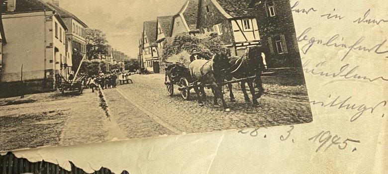 Fundstück Historische Postkarte zeigt Dudenhofen Hauptstraße mit Pferdefuhrwerk und Fachwerkhäusern, 1925 datiert