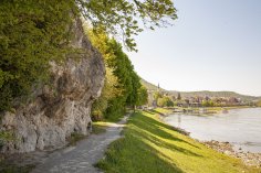 Flussuferweg in Hainburg mit Felsen, Bäumen und Blick auf Stadt und Donau