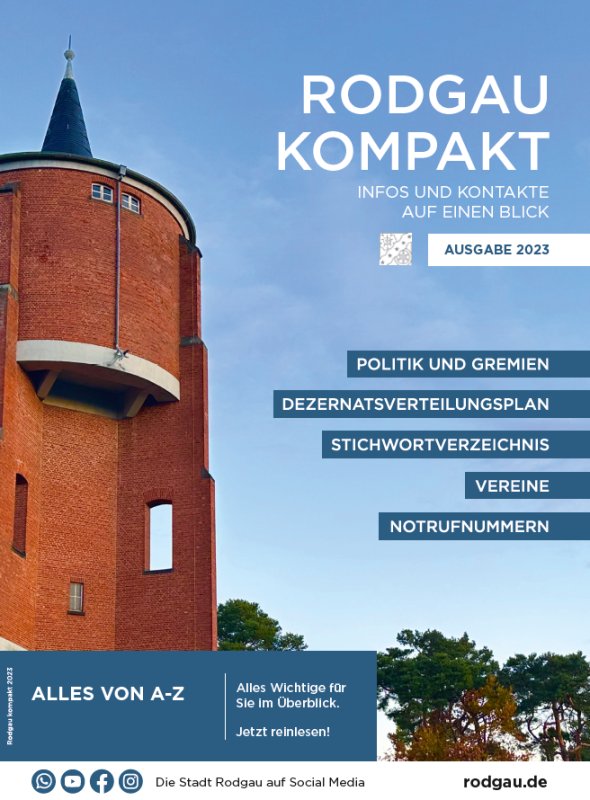 Wasserturm in Rodgau vor blauem Himmel, Titel 'Rodgau Kompakt', Ausgabe 2023, Infos zu Politik, Vereinen, Notrufnummern