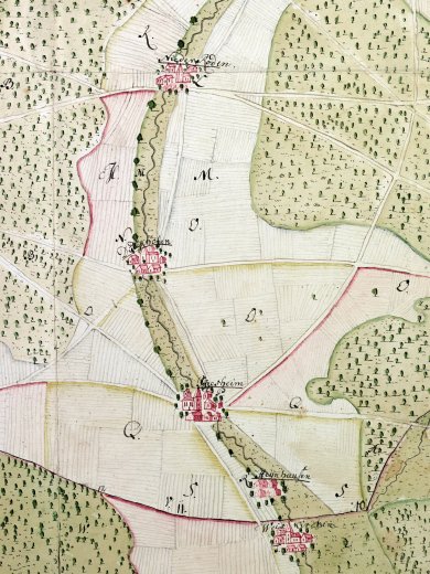 Karte der Rödermark von 1740 Historische Karte der Rödermark von 1740 mit eingezeichneten Dörfern und Flussverlauf, Feldern und Waldgebieten aus dem Stadtarchiv