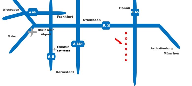 Durch blaue Linien sind die wichtigsten Straßenverbindungen in Rhein-Main angezeigt inklusive der Lage Rodgaus und großer Städte.