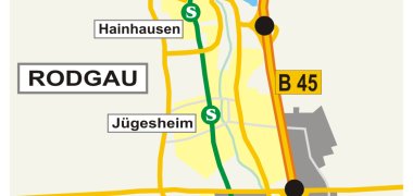 Verkehrslage in Rodgau Überblick über die Hauptstraßen rund um Rodgau mit B45 und A3 sowie der S-Bahn samt Stationen in schematischer Form.