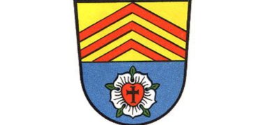 Wappen Dudenhofen Dudenhöfer Wappen mit gelben und roten Winkeln und der Lutherrose auf blauem Hintergrund