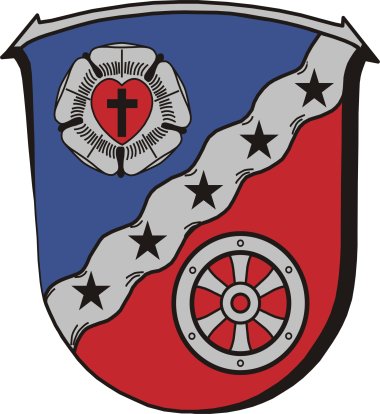Wappen der Stadt Rodgau mit Lutherrose auf blauem Hintergrund, Rad auf rotem Hintergrund und fünf Sternen.