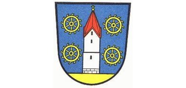 Wappen von Weiskirchen als blaues Schild mit weißem Turm, rotem Dach und vier gelben Rädern darum.
