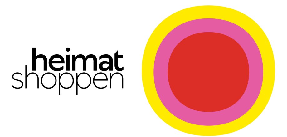 "Heimat shoppen" Logo Schriftzug "heimat shoppen" in schwarzer Schrift neben einem Kreis mit roten, pinken und gelben Ringen