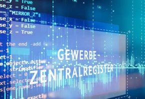 Gewerbe Zentralregister Digitales Symbol mit dem Schriftzug 'Gewerbe Zentralregister' vor Programmiercode-Hintergrund.